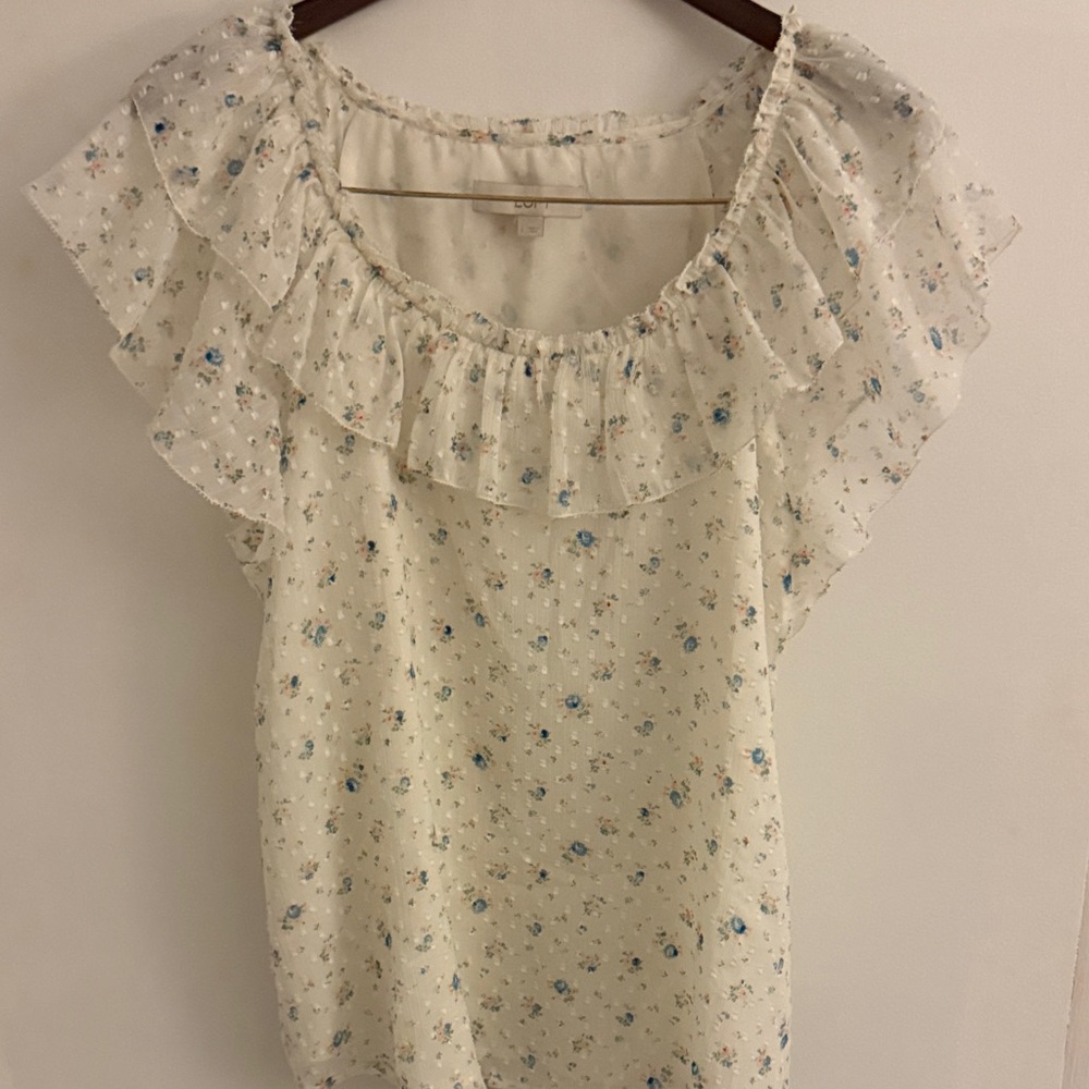 LOFT Cream Floral Blouse with Ruffles